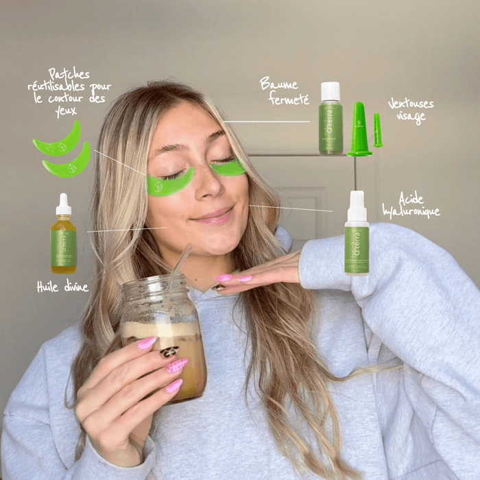 Jennie présente ses essentiels O'terra pour un éclat naturel : huile divine, patches yeux, baume fermeté, ventouses visage et acide hyaluronique.