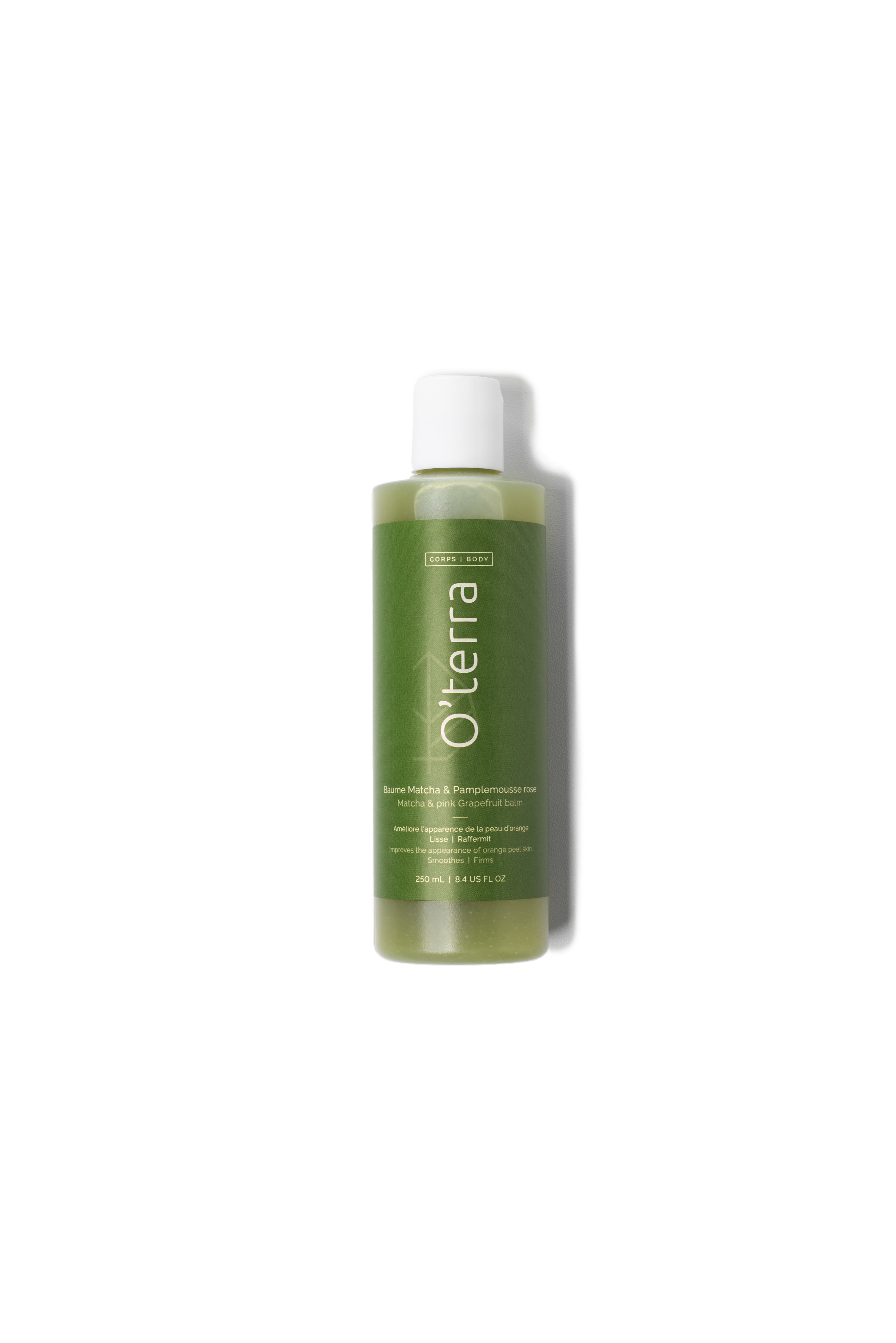 Bouteille de baume pour le corps naturel au matcha et pamplemousse rose de la marque O'terra sur fond blanc.