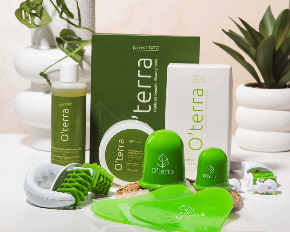 Ensemble de soins naturels pour la grossesse Bébé à bord O'terra, incluant beurre fouetté, baume corporel, ventouses, rouleau de massage, gua shas et dermaroller.